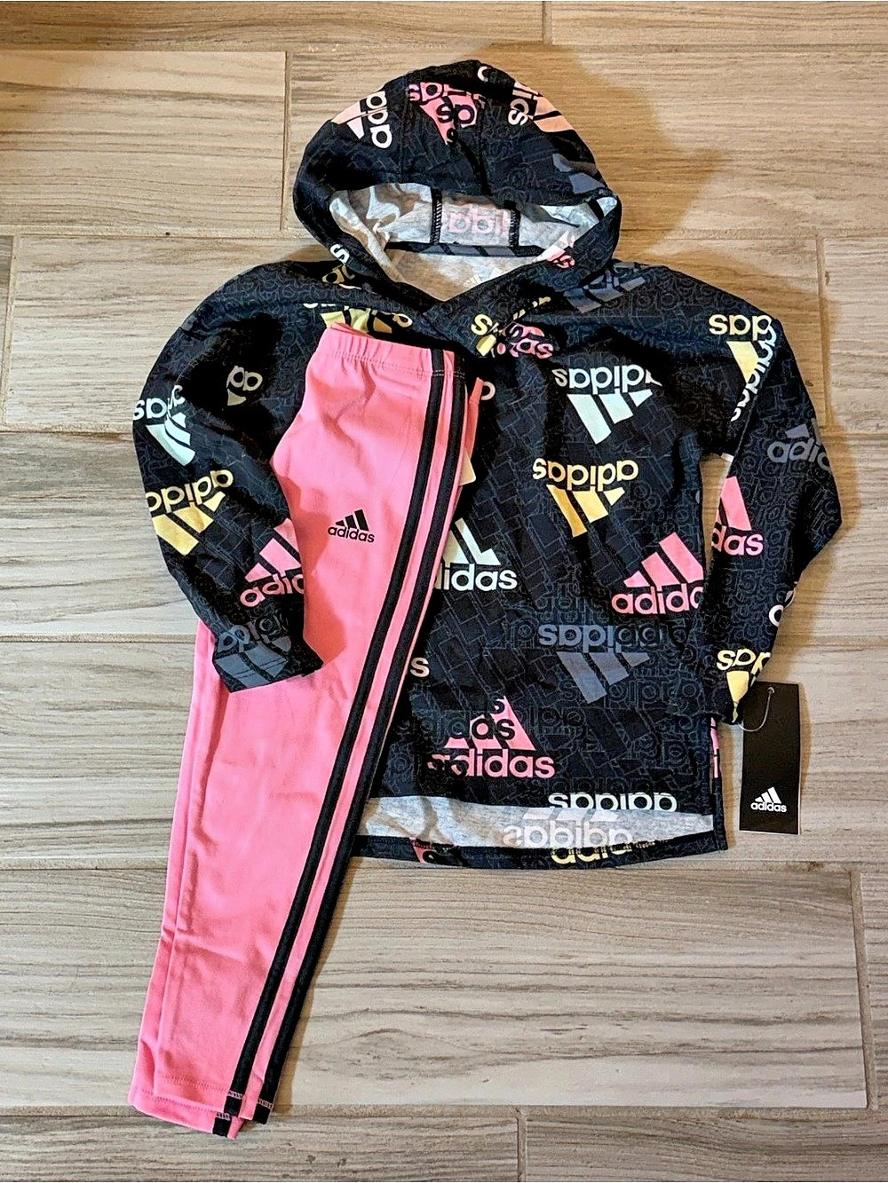 adidas Girls Allover Print Logo Hoodie and Leggings 2-Piece Set Girls Size 5